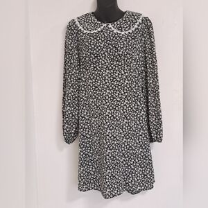 KOKO Black and White Bishop Sleeve Dress with Peter Pan Collar Misses Large
